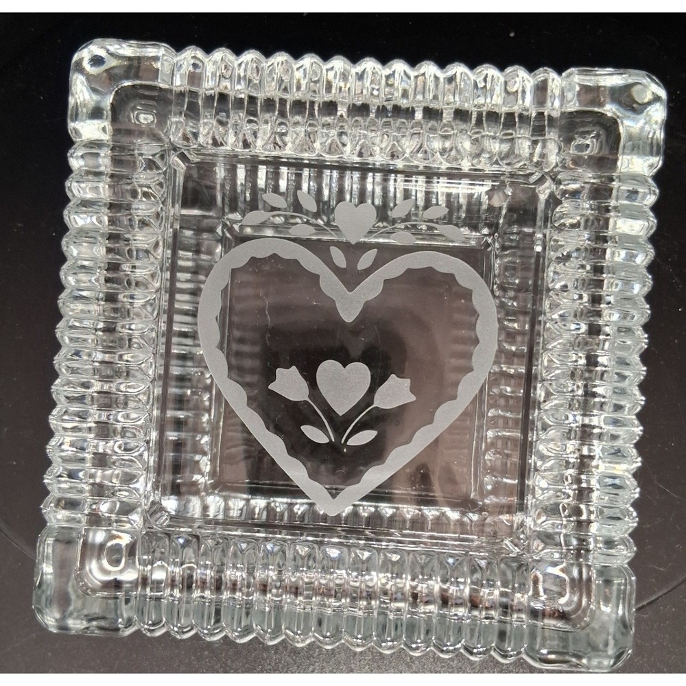 Vintage Square Clear Pressed Glass Trinket Box Frosted Heart Etched Lid 4 Inch